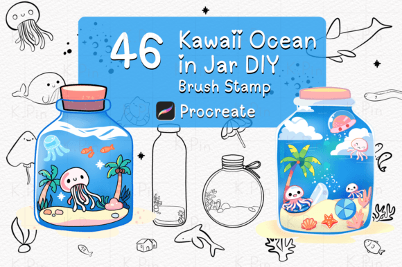 Dive Into Creativity with the Kawaii Ocean in Jar Procreate Brush Stamps Set